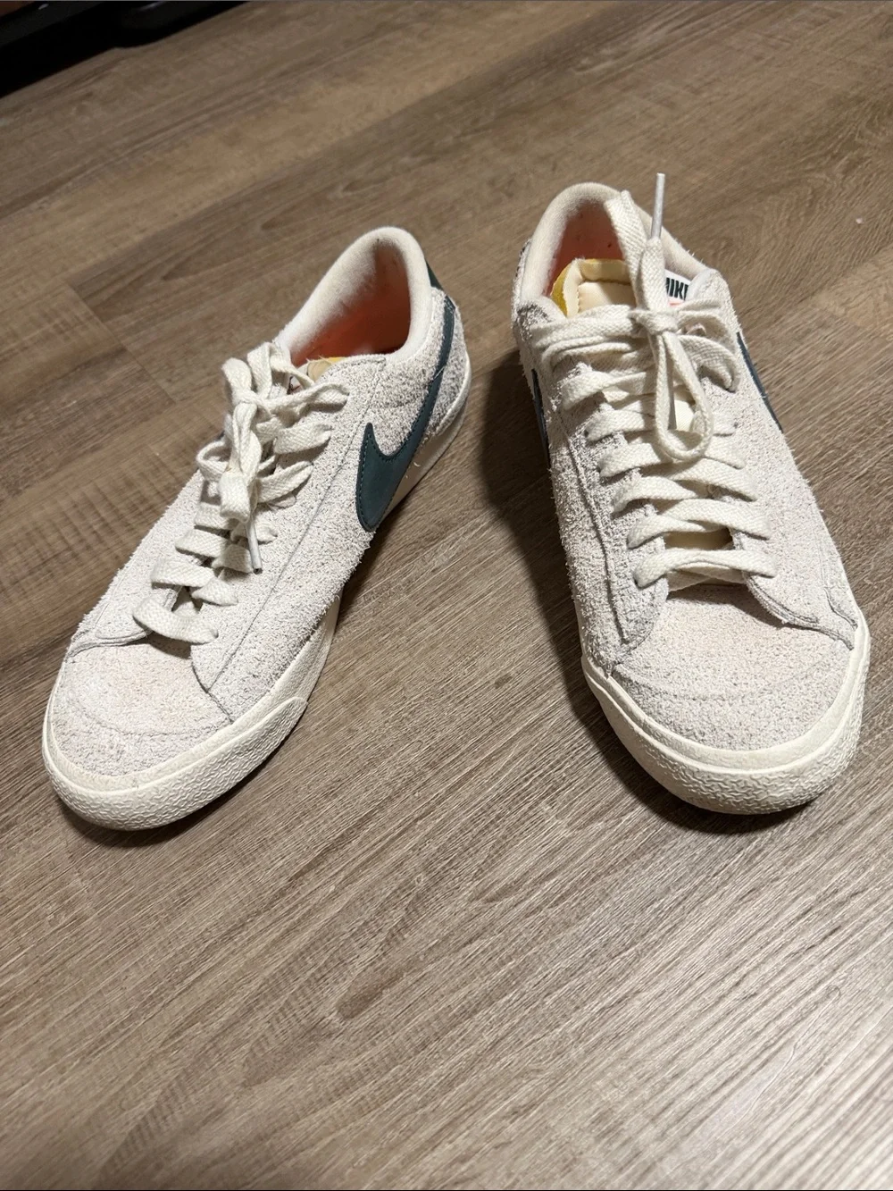 Nike Low-Top Suede Sneakers in Off-White with Teal Swoosh